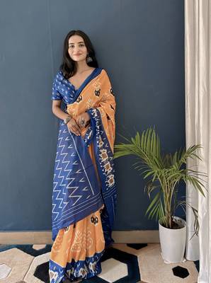 Yellow Printed Cotton Saree With Blouse 1