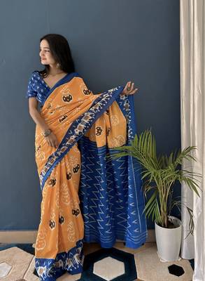 Yellow Printed Cotton Saree With Blouse 2
