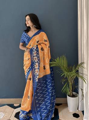 Yellow Printed Cotton Saree With Blouse 3