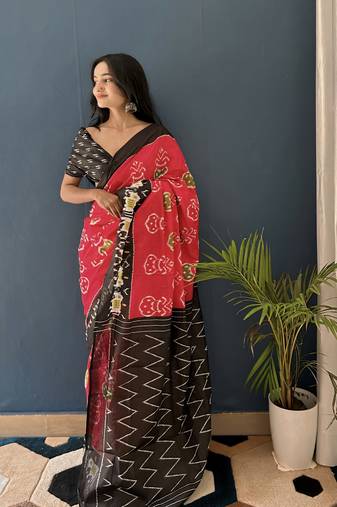 Red Printed Cotton Saree With Blouse