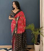 Red Printed Cotton Saree With Blouse