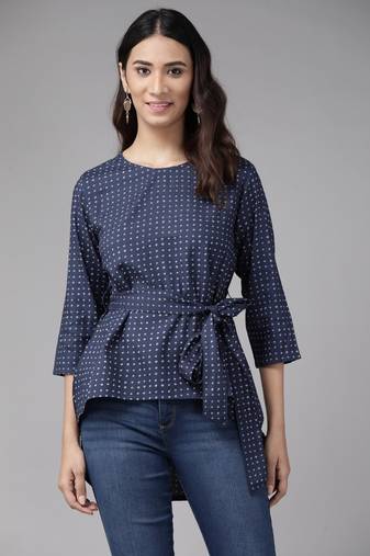 Women'S Rayon Polka Dot Printed Regular Top(Blue)