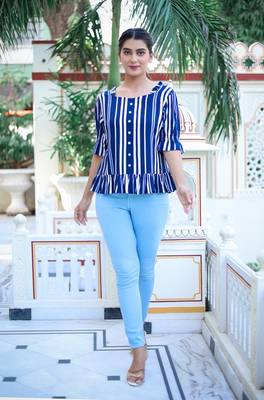 Women'S Stripe Printed Ruffle Top (Blue) 1