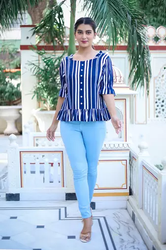 Women'S Stripe Printed Ruffle Top (Blue)