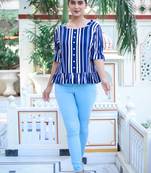 Women'S Stripe Printed Ruffle Top (Blue)