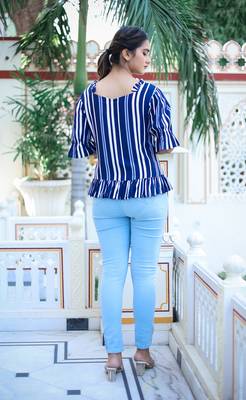Women'S Stripe Printed Ruffle Top (Blue) 2
