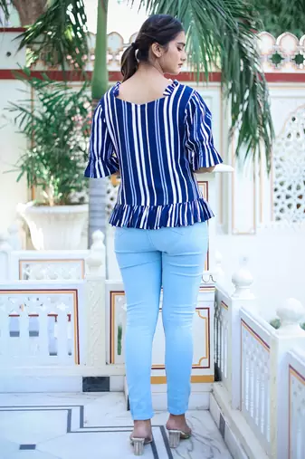 Women'S Stripe Printed Ruffle Top (Blue)