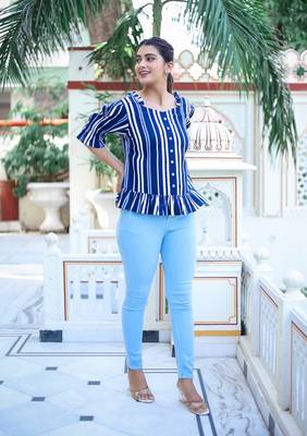 Women'S Stripe Printed Ruffle Top (Blue) 3