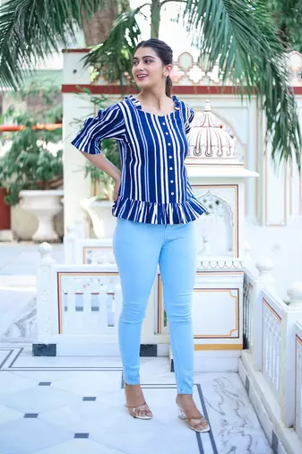 Women'S Stripe Printed Ruffle Top (Blue)