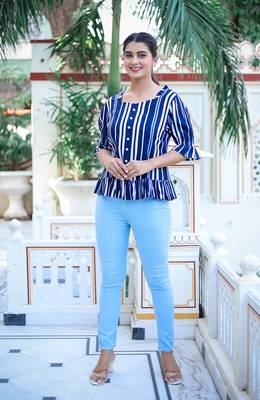 Women'S Stripe Printed Ruffle Top (Blue) 4