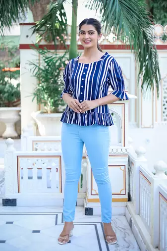 Women'S Stripe Printed Ruffle Top (Blue)
