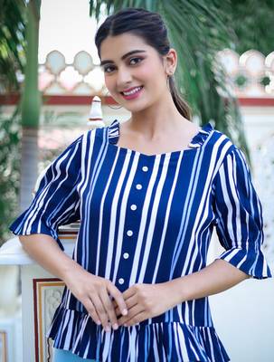 Women'S Stripe Printed Ruffle Top (Blue) 5