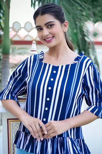 Women'S Stripe Printed Ruffle Top (Blue)