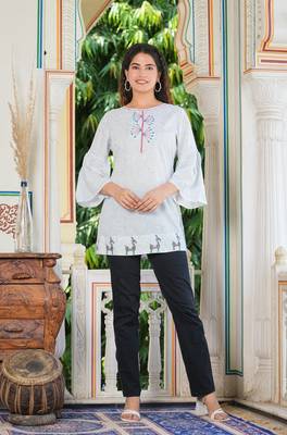 Women'S Embroidered Geomatrical Printed Top (White) 1
