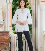 Women'S Embroidered Geomatrical Printed Top (White)