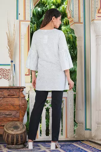Women'S Embroidered Geomatrical Printed Top (White)