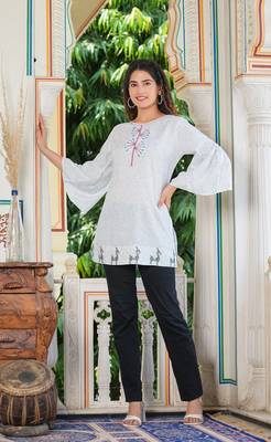 Women'S Embroidered Geomatrical Printed Top (White) 3