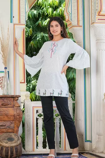 Women'S Embroidered Geomatrical Printed Top (White)
