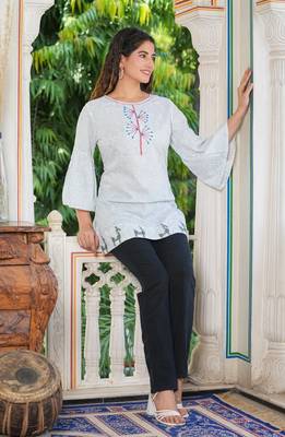 Women'S Embroidered Geomatrical Printed Top (White) 4