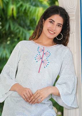 Women'S Embroidered Geomatrical Printed Top (White) 5