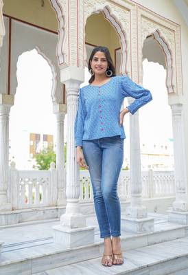 Women'S Geomatrical Printed Regular Top (Blue) 1