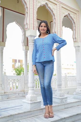 Women'S Geomatrical Printed Regular Top (Blue)