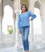 Women'S Geomatrical Printed Regular Top (Blue)