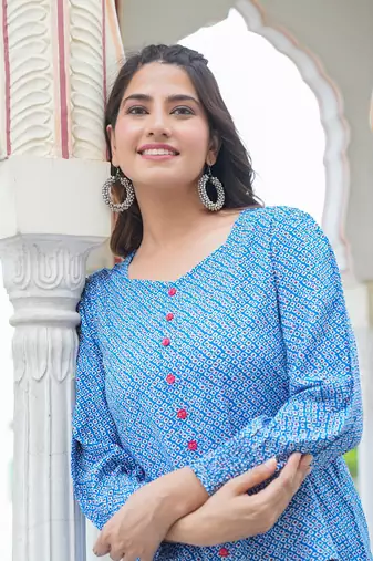 Women'S Geomatrical Printed Regular Top (Blue)