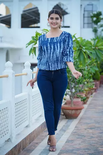Women'S Tie & Dye Printed Regular Top (Blue)