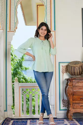 Women'S Rayon Embroidered Top (Green)