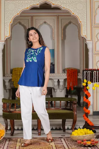 Women'S Rayon Embroidered Sleeveless Regular Top (Blue)