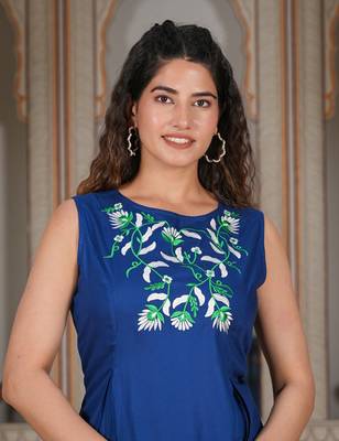 Women'S Rayon Embroidered Sleeveless Regular Top (Blue) 5