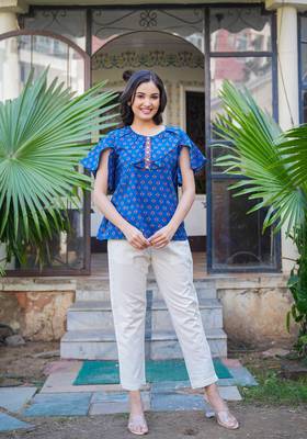 Women'S Blue Cotton Floral Printed Top (Blue) 1
