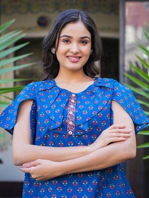 Women'S Blue Cotton Floral Printed Top (Blue) 4