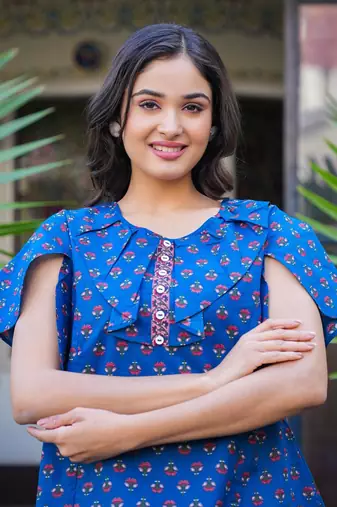 Women'S Blue Cotton Floral Printed Top (Blue)