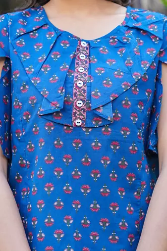 Women'S Blue Cotton Floral Printed Top (Blue)