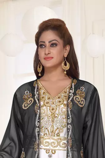 Black & White color Full Sleeves Handmade Two-Piece Jacket Style Moroccan Kaftan