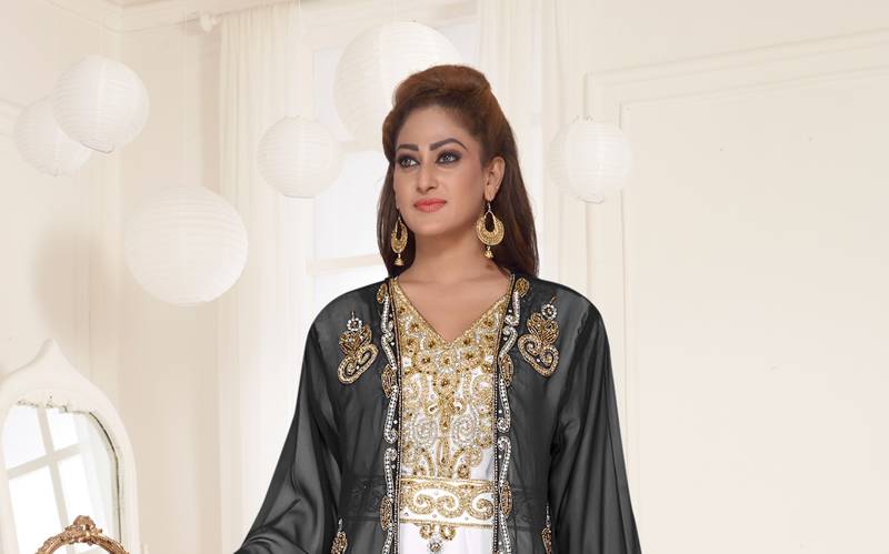 Black & White color luxurious Full Sleeves Handmade Two-Piece Jacket Style Moroccan Kaftan.