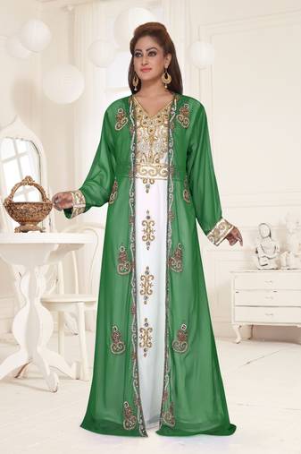 Dark Green & White color luxurious Full Sleeves Handmade Two Piece Jacket Style Moroccan Kaftan.