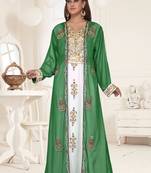 Dark Green & White color luxurious Full Sleeves Handmade Two Piece Jacket Style Moroccan Kaftan.