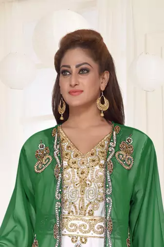 Dark Green & White color Full Sleeves Handmade Two Piece Jacket Style Moroccan Kaftan