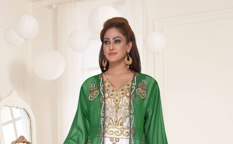 Dark Green & White color luxurious Full Sleeves Handmade Two Piece Jacket Style Moroccan Kaftan.