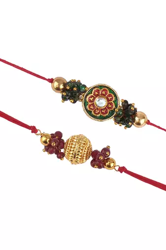 Real kundan & gold bead rakshi set with leheriya pearls  for brother bhaiya