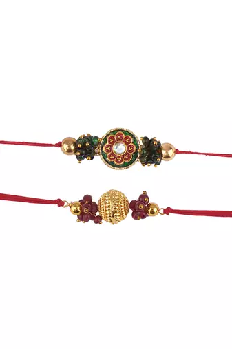 Real kundan & gold bead rakshi set with leheriya pearls  for brother bhaiya