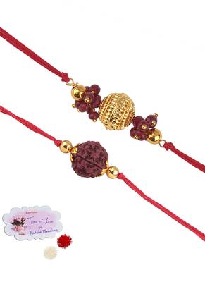 Handmade combo panch mukhi rudraksh gold bead rakhi set for brother bhaiya 1