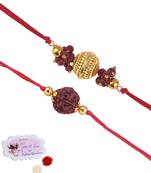 Handmade combo panch mukhi rudraksh gold bead rakhi set for brother bhaiya