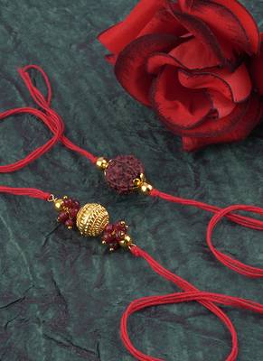 Handmade combo panch mukhi rudraksh gold bead rakhi set for brother bhaiya 2