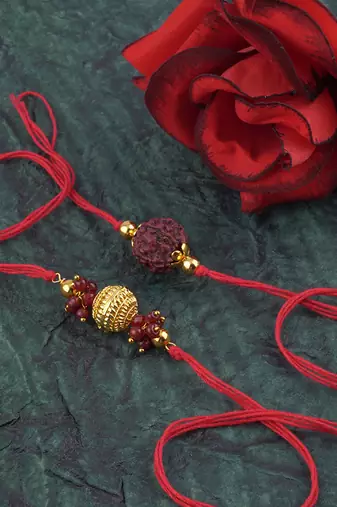 Handmade combo panch mukhi rudraksh gold bead rakhi set for brother bhaiya