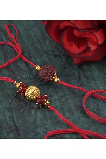 Handmade combo panch mukhi rudraksh gold bead rakhi set for brother bhaiya