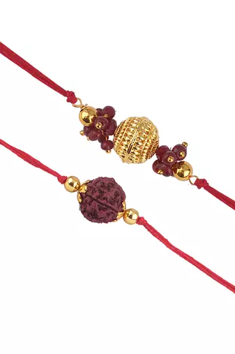 Handmade combo panch mukhi rudraksh gold bead rakhi set for brother bhaiya